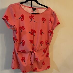 New York & Company Pink Blouse with Red Floral Design